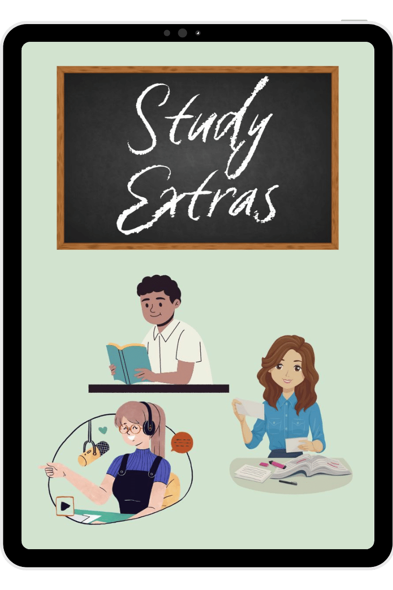 tablet mockup with cartoon students and the title "study extras"