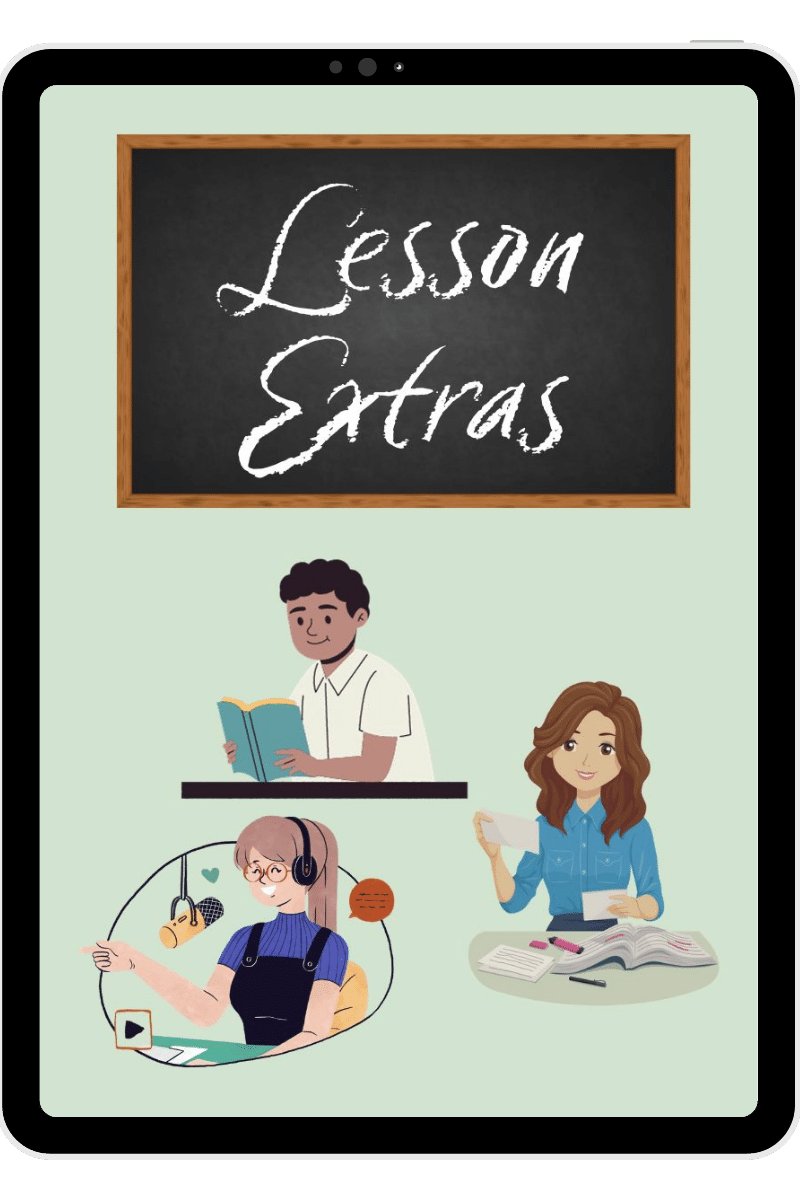 tablet mockup with cartoon students and the title "lesson extras"